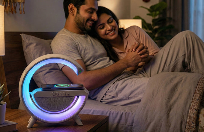 Couple relaxing in a bedroom with the CTRL8 G-Shape Bluetooth Speaker providing ambient RGB lighting and wireless charging.
