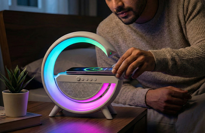 User placing a phone on the CTRL8 G-Shape Bluetooth Speaker with wireless charging and RGB lighting in a cozy bedroom setup