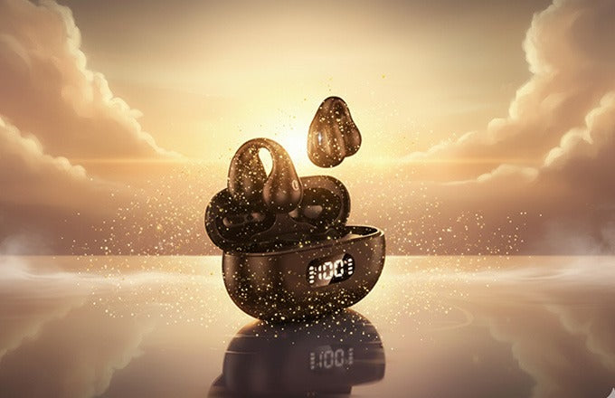 CTRL8 OpenWave Bluetooth Earphones highlighting LED display and sleek design with golden sparkles