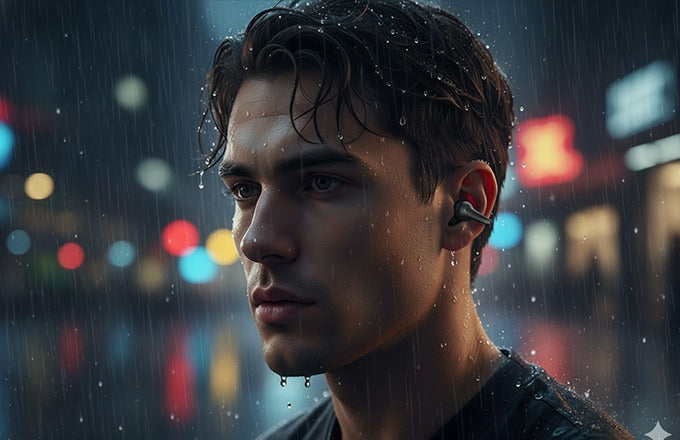 User wearing CTRL8 OpenWave Bluetooth Earphones in a rainy urban setting, showcasing IPX5 water resistance and lightweight design