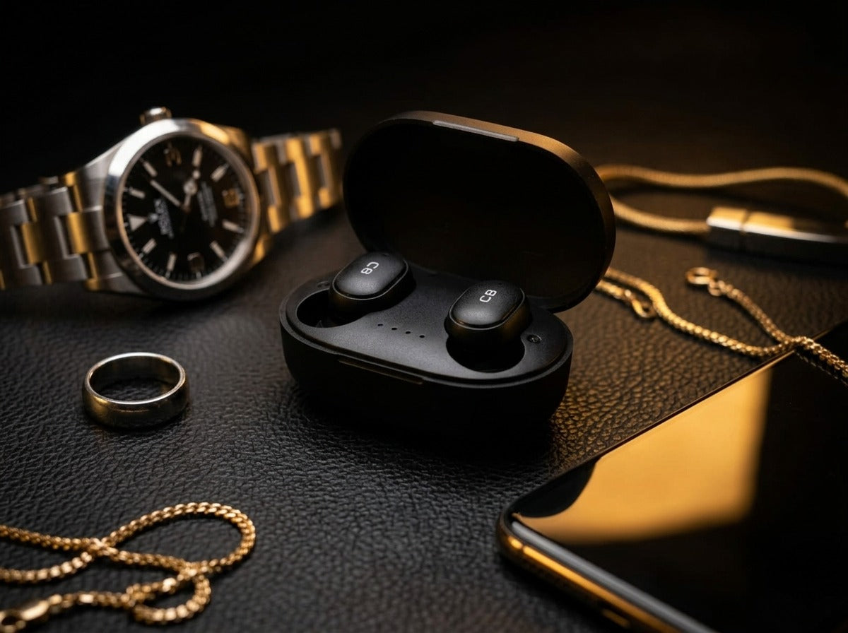 CTRL8 A6S wireless earbuds in sleek black charging case surrounded by luxury accessories on a dark surface