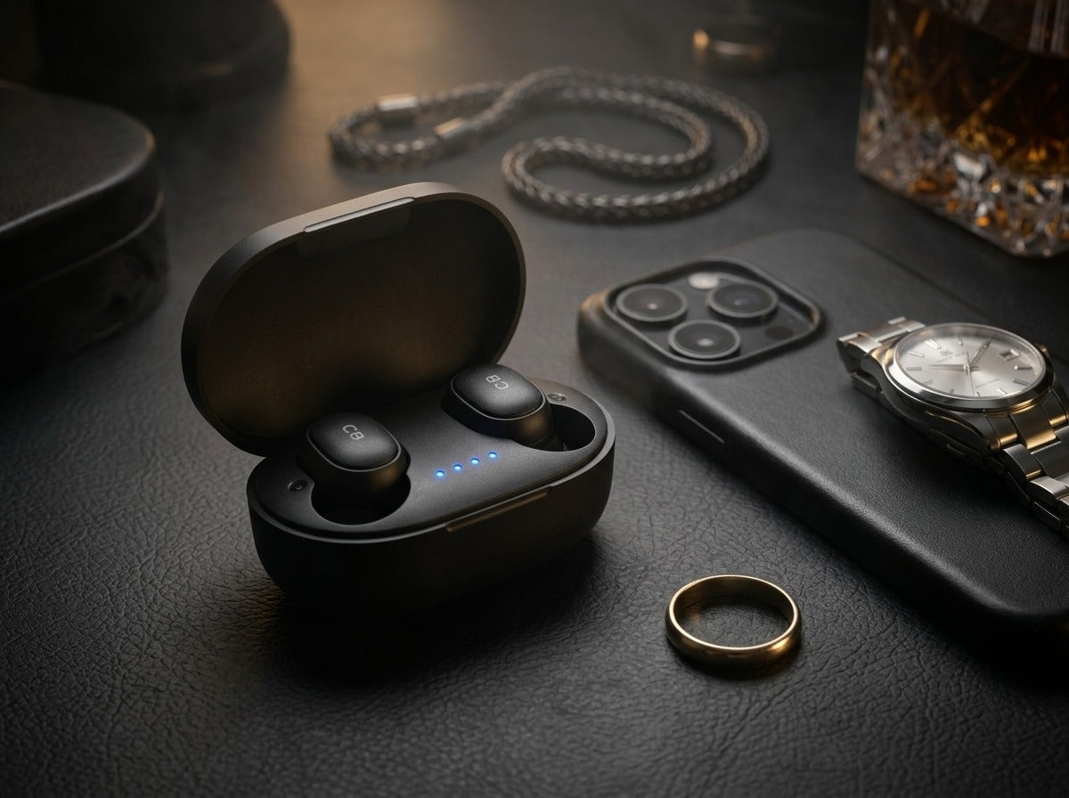 CTRL8 A6S wireless earbuds in sleek black charging case placed on a leather surface alongside premium accessories.