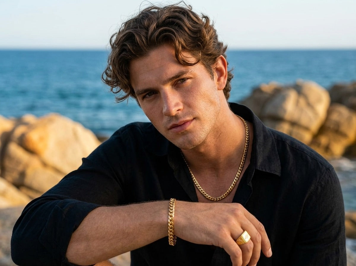 Men's Luxury Gold Trio Set-Chain-Bracelet-Ring-UP