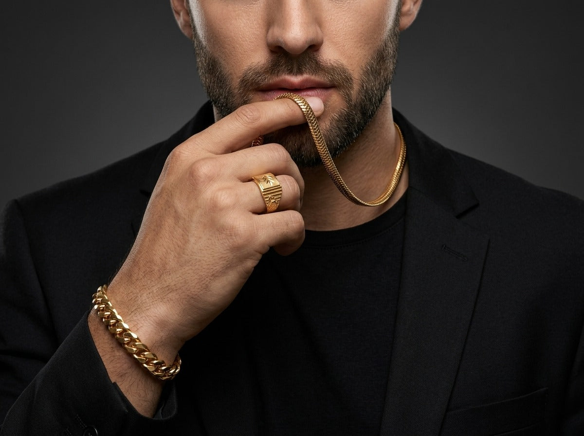 Men's Luxury Gold Trio Set-Chain-Bracelet-Ring-UP