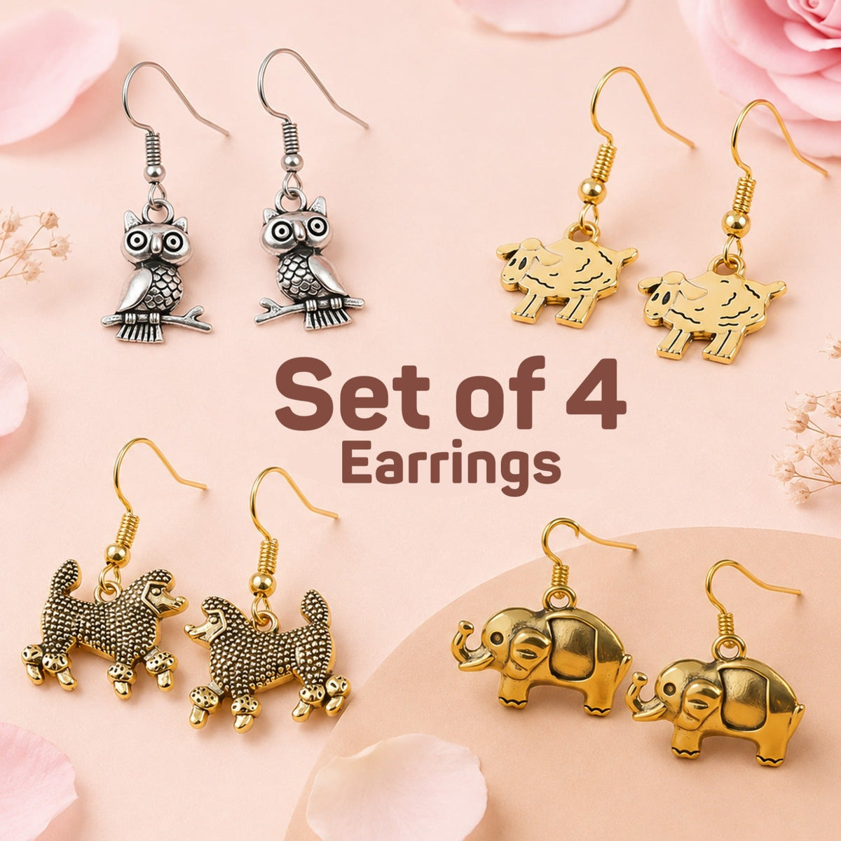 Set of 4 Trendy Animal Charm Dangle Earring Set-UP
