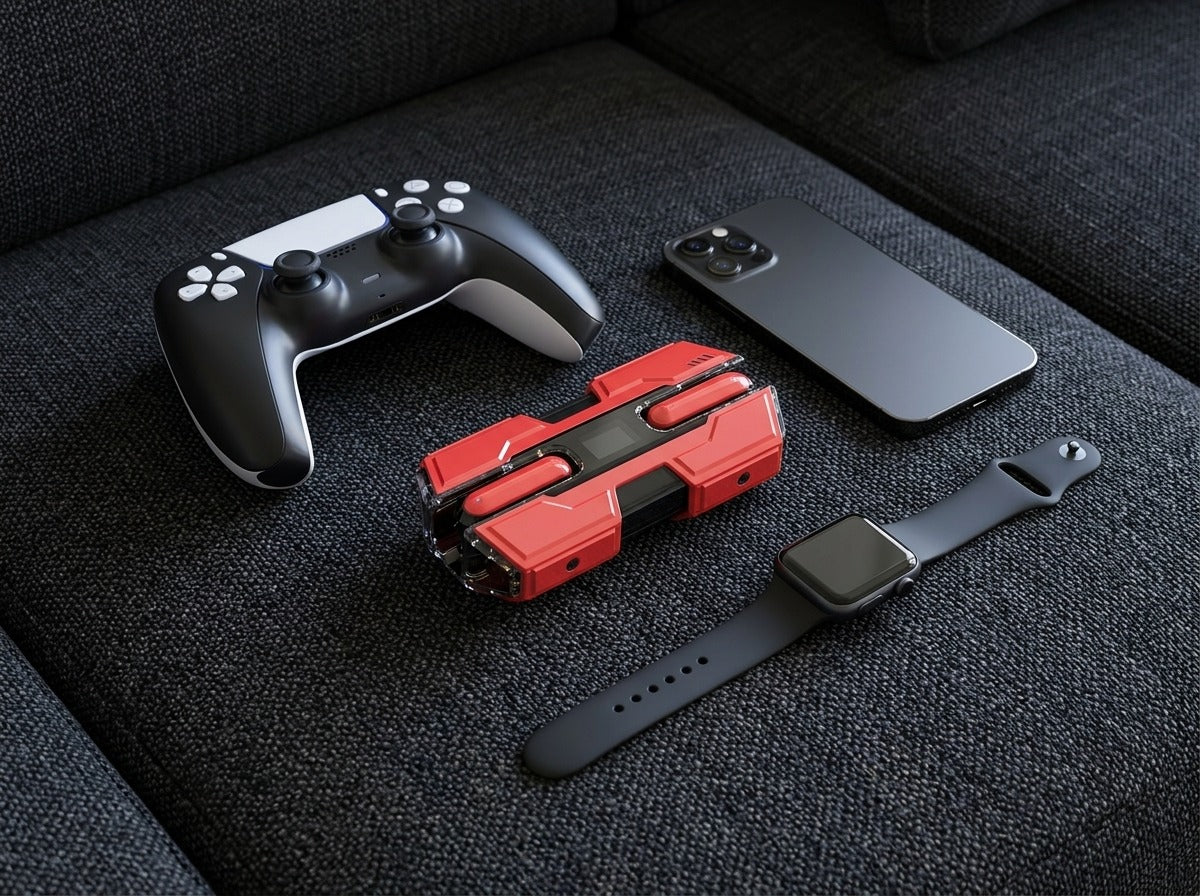 CTRL8 K8 true wireless earbuds in red displayed with gaming controller, smartwatch, and smartphone on a sofa