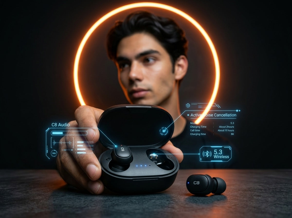 CTRL8 A6S wireless earbuds featuring ANC and 5.3 Bluetooth connectivity with sleek charging case