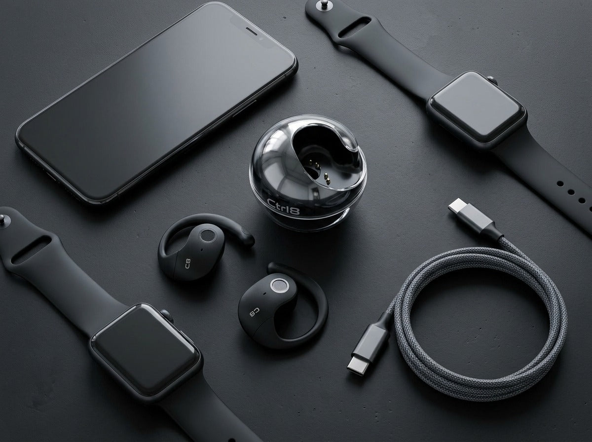 CTRL8 T2 over-the-ear earbuds with UNBLOQ technology and compact charging case in black