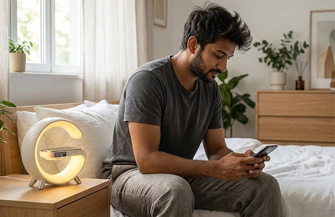 Person using a smartphone near the CTRL8 G-Shape Bluetooth Speaker with mobile charger and LED lamp in a cozy bedroom setting