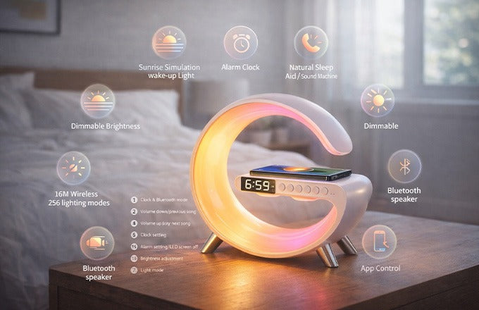 CTRL8 G-Shape Bluetooth Speaker showcasing mobile charging, lamp, and 16M LED lighting modes