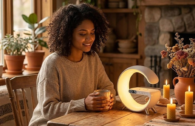Person enjoying a warm drink near the CTRL8 G-Shape Bluetooth Speaker with mobile charger and LED lamp in a rustic dining space