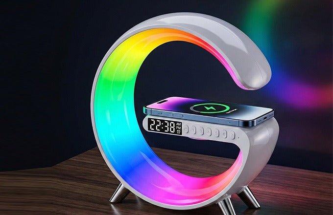 CTRL8 G-Shape Bluetooth Speaker with mobile charging, LED lamp, and sleek modern design