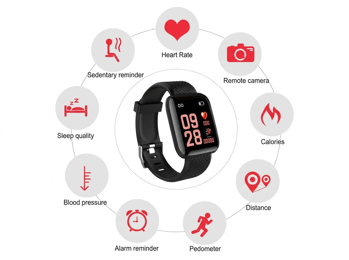 CTRL8 Smart Fitness Bracelet showcasing heart rate monitoring, sleep tracking, and pedometer features