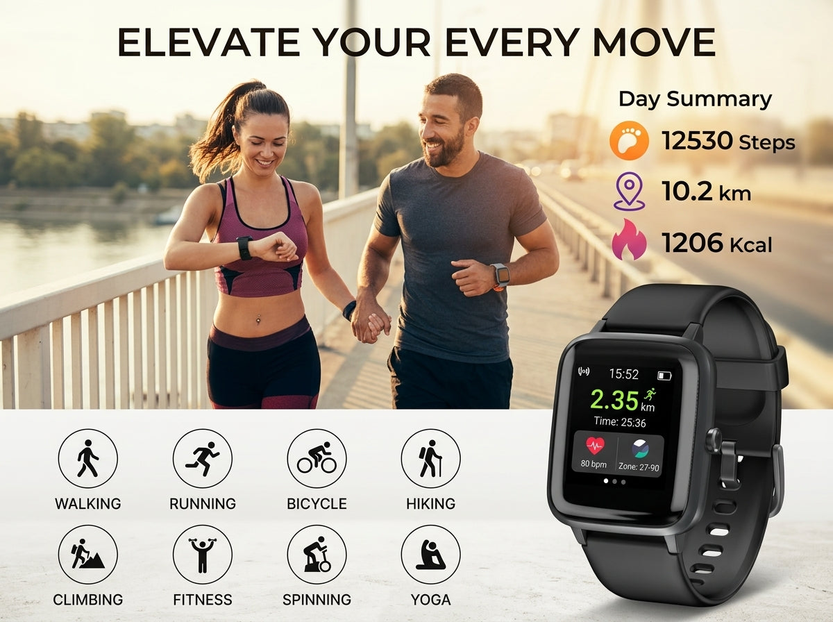 Active individuals using CTRL8 Smart Fitness Bracelet for tracking steps, distance, and calories during outdoor activities